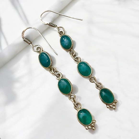 Hand Crafted Jewelry - Green Onyx Sterling Silver Dangle Earrings 925